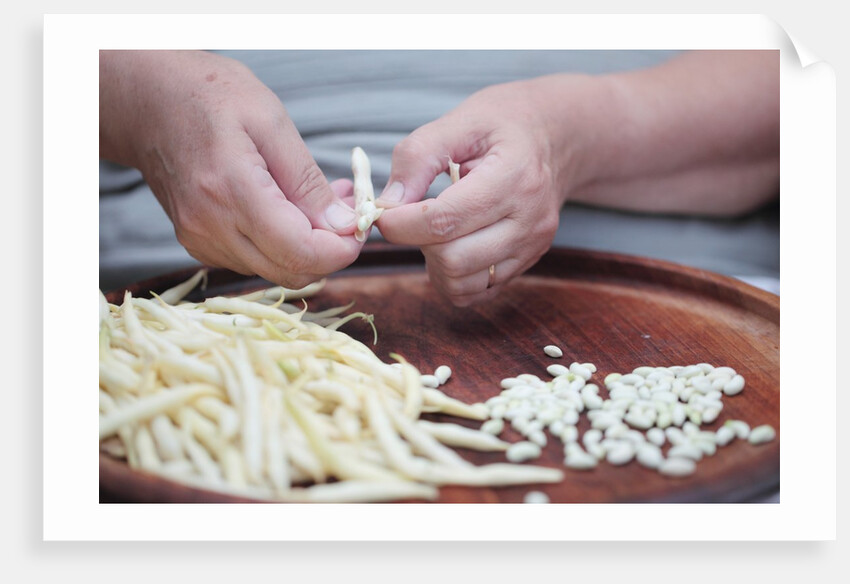 Woman selecting and separating green beans from pods by Anonymous