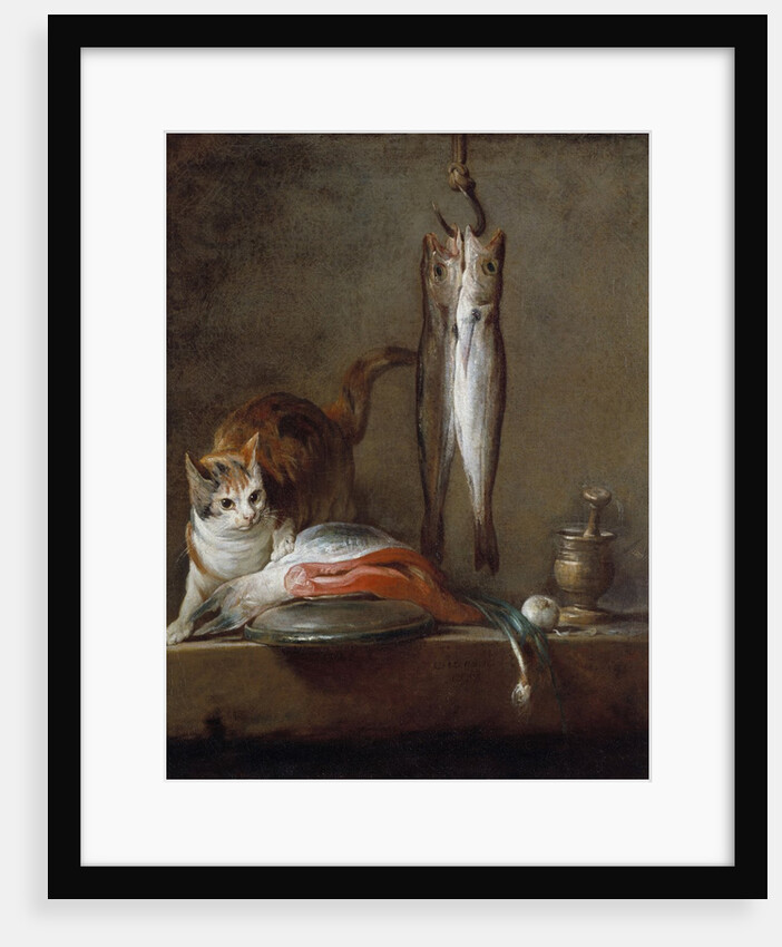 Cat with a slice of salmon, two mackerels, mortar and pestle by Jean Baptiste Simeon Chardin