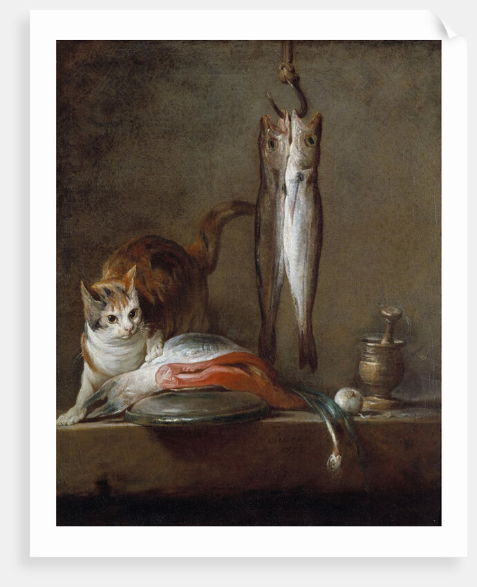 Cat with a slice of salmon, two mackerels, mortar and pestle by Jean Baptiste Simeon Chardin