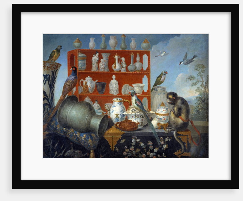 Still life with porcelain dishes, monkeys and birds by Anonymous