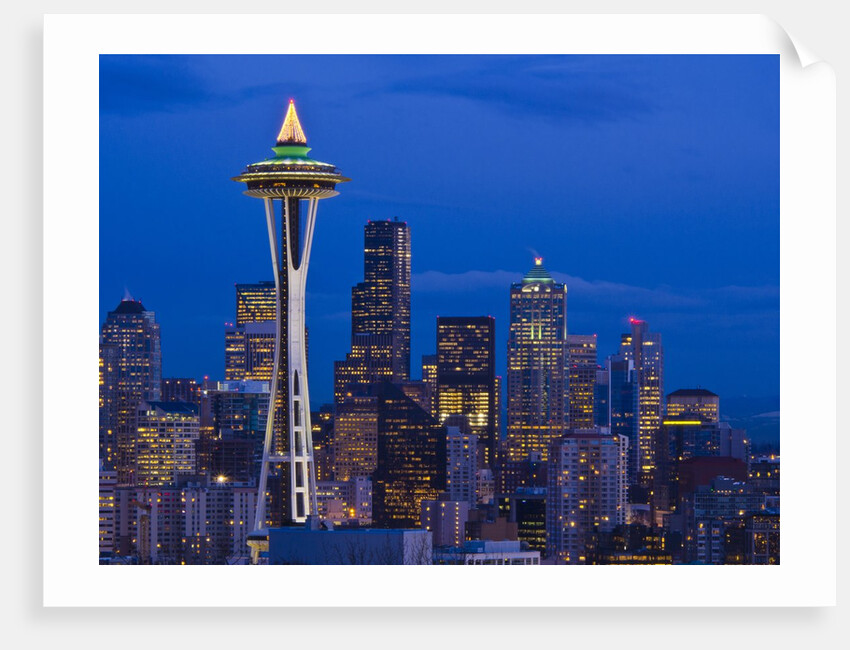 Night View of Seattle Skyline with Christmas Tree on the Space Needle by Anonymous