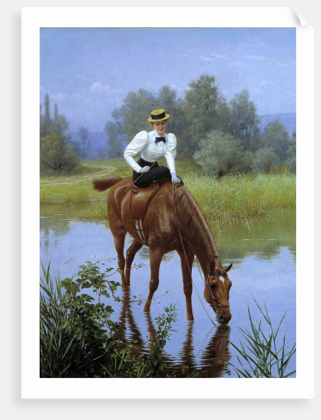 A young woman riding stops for her horse to drink by Anonymous