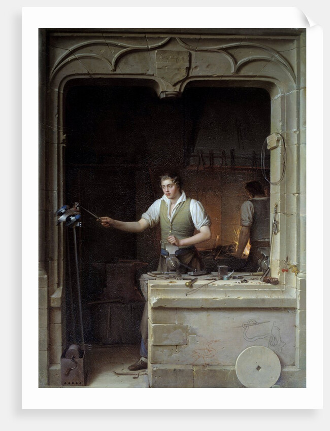 A locksmith seeking to make a jay bite his metal file by Jean Antoine Laurent