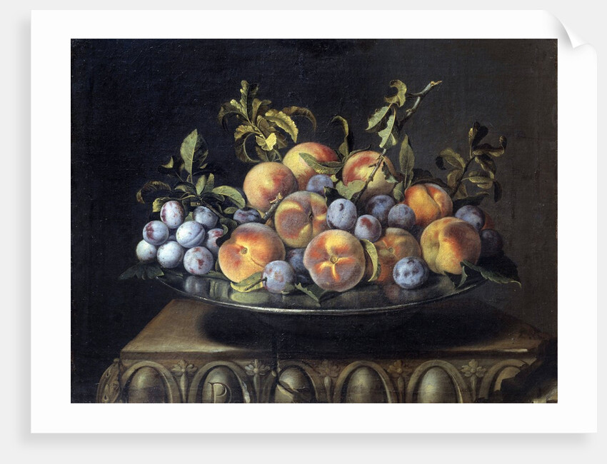 Peaches and plums in a pewter plate by Pierre Dupuis