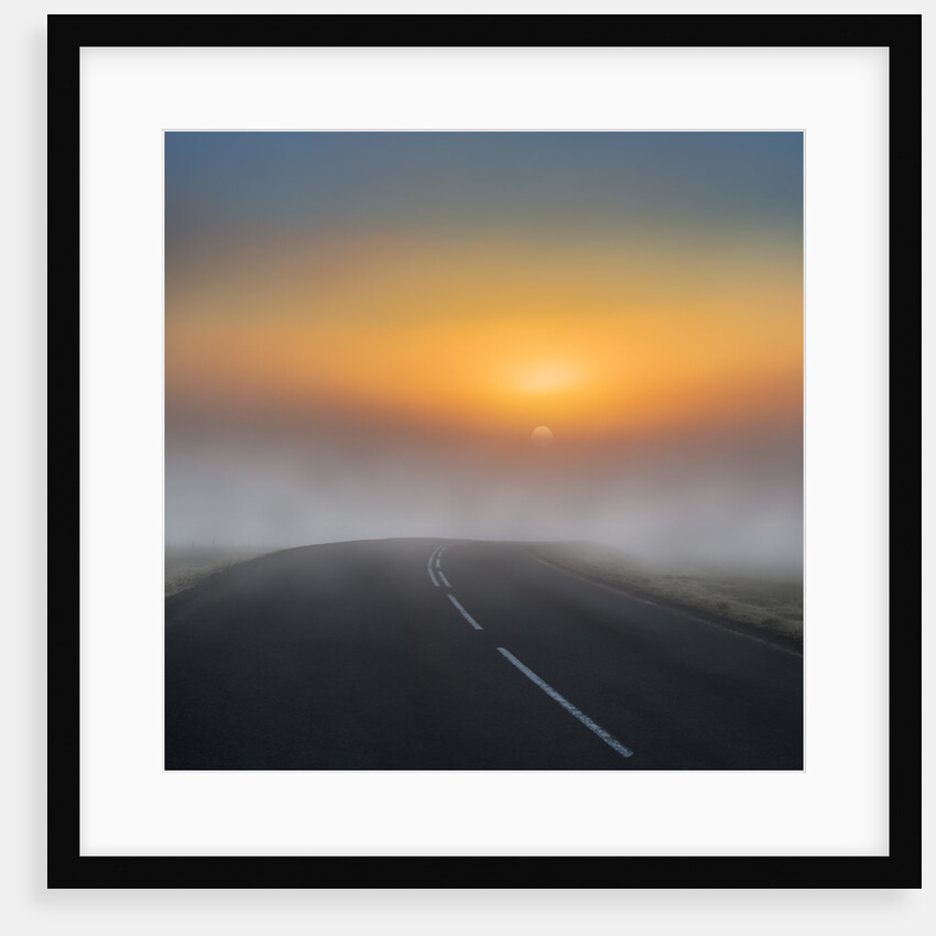 Empty road with fog and sunset. by Anonymous