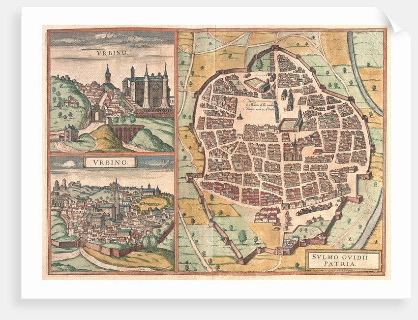 Map and view of Urbino from Civitates Orbis Terrarum by Anonymous
