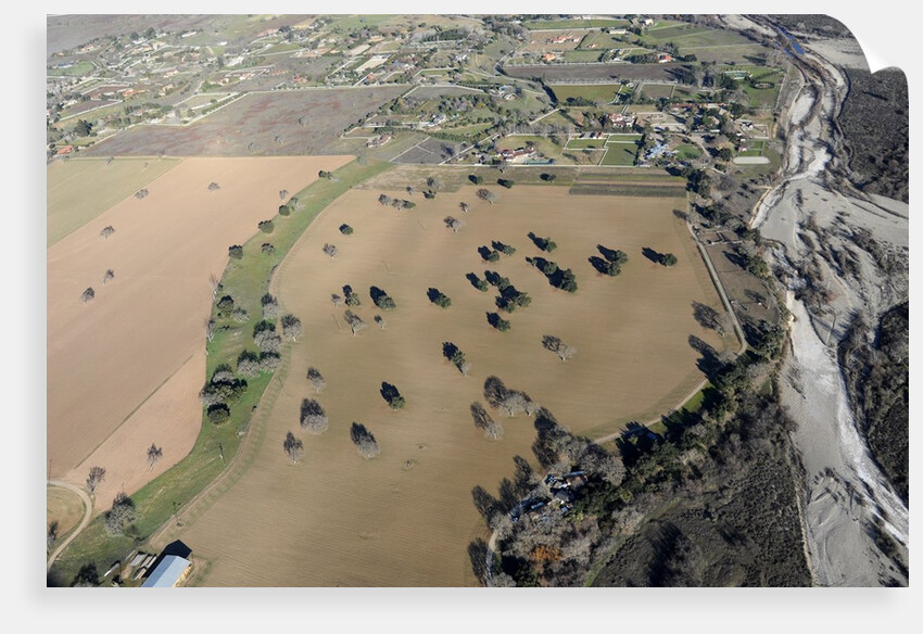 Aerial view of the Santa Ynez River and farms in Santa Ynez, California