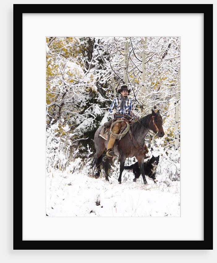 Cowboys riding in Autumn Aspens with a fresh snowfall by Anonymous