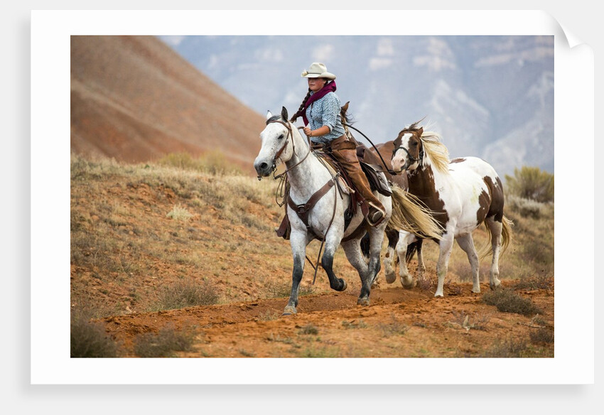 Cowgirl at Full Gallop with Horses in tow by Anonymous