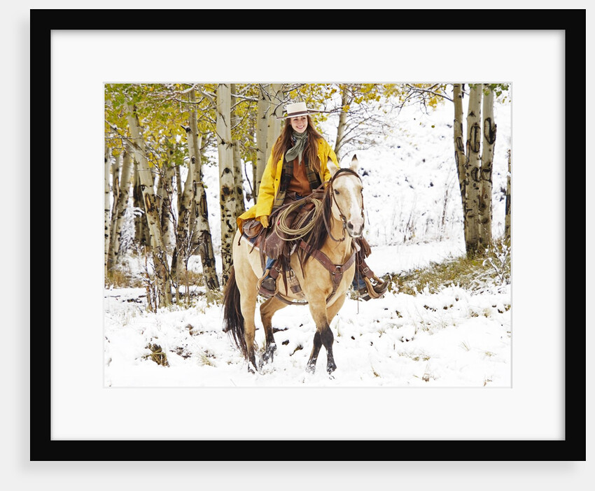 Cowgirl riding in Autumn Aspens with a fresh snowfall by Anonymous