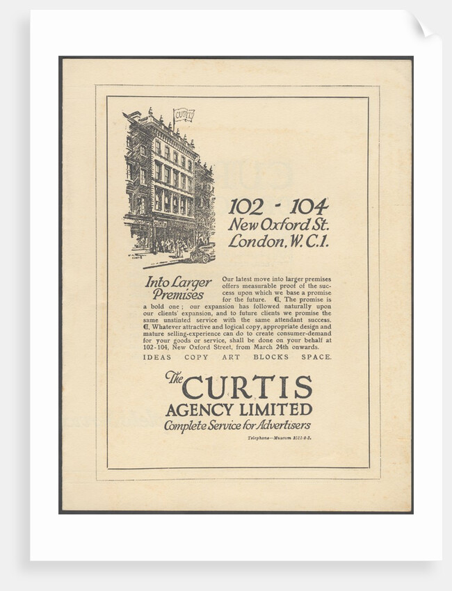 Curtis Advertising Agency, 1920s. Artist: Wilfred Fryer by Anonymous