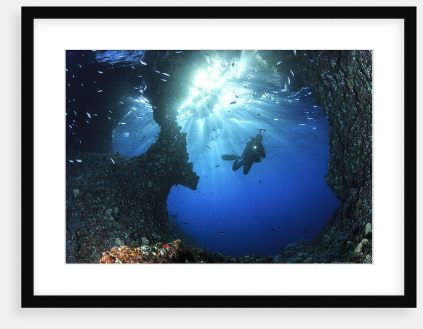 scuba diver swimming through an arch by Anonymous
