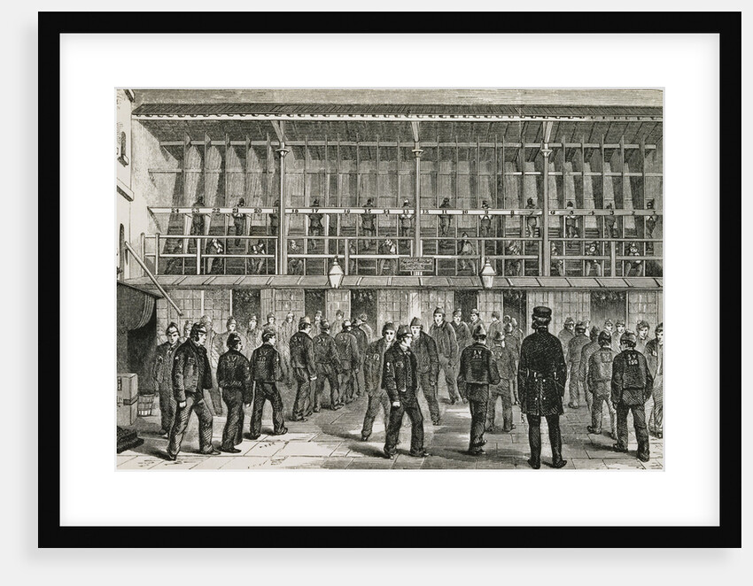 Engraving Depicting Prisoners Working at the Tread-Wheel and Others Exercising in the Third Yard of the Vagrants' Prison, Coldbath Fields by Anonymous