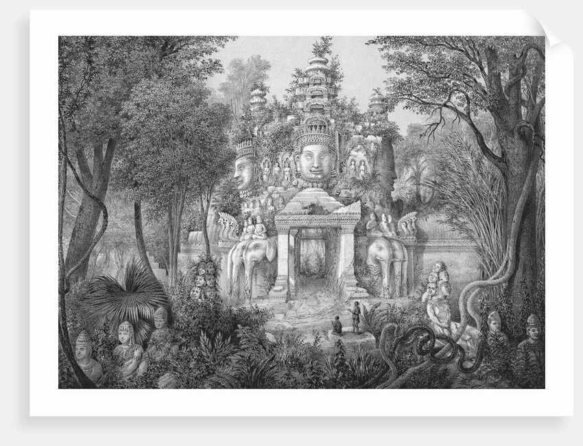 19c Print of the Elephant Gateway with Khmer Buddhists at Temple of Angkor Thom by Anonymous