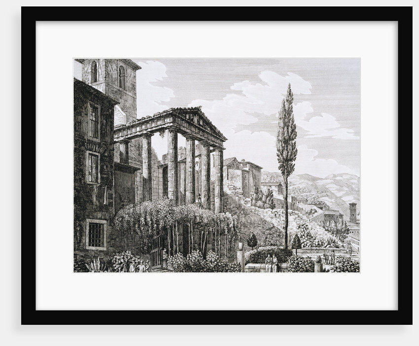 Etching of Temple of Hercules with Tourists and Gardens by Luigi Rossini