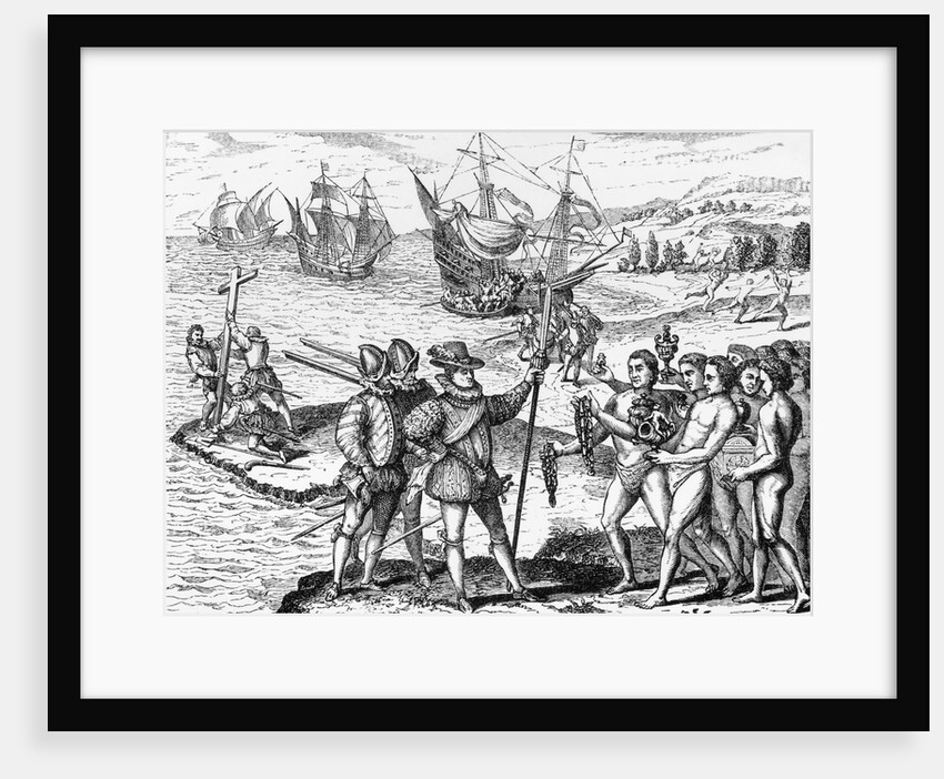 Etching of Spanish Explorers and Indigenous People by Bertrand