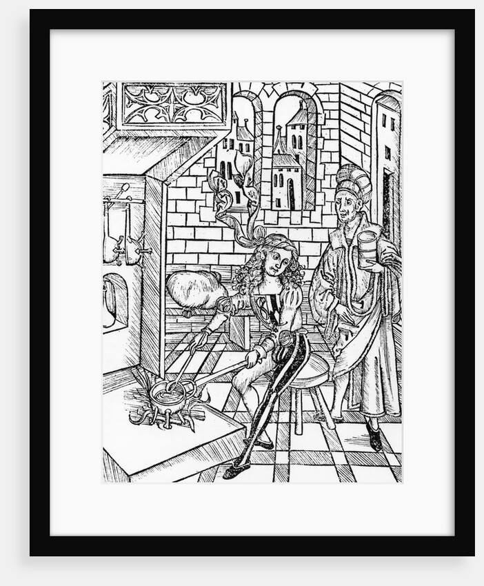 Woodcut Print of a Medieval Apothecary Cooking on a Stove by Anonymous