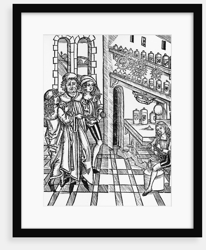 Woodcut Print of a Scene in a Medieval Apothecary Shop by Anonymous