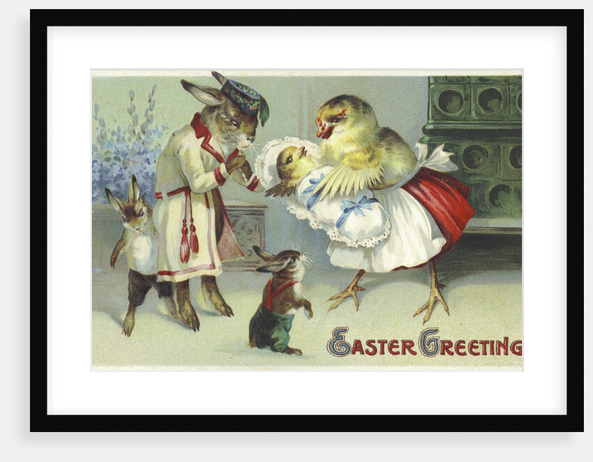 Easter Greeting Postcard Depicting a Rabbit and Chick Family by Anonymous