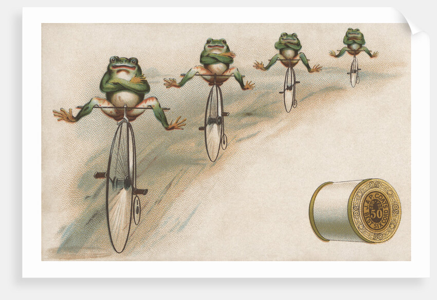 J & P Coats Trade Card of Frog Cyclists by Anonymous