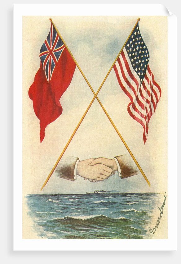 Postcard of Handshake and Flags Across the Ocean by Anonymous