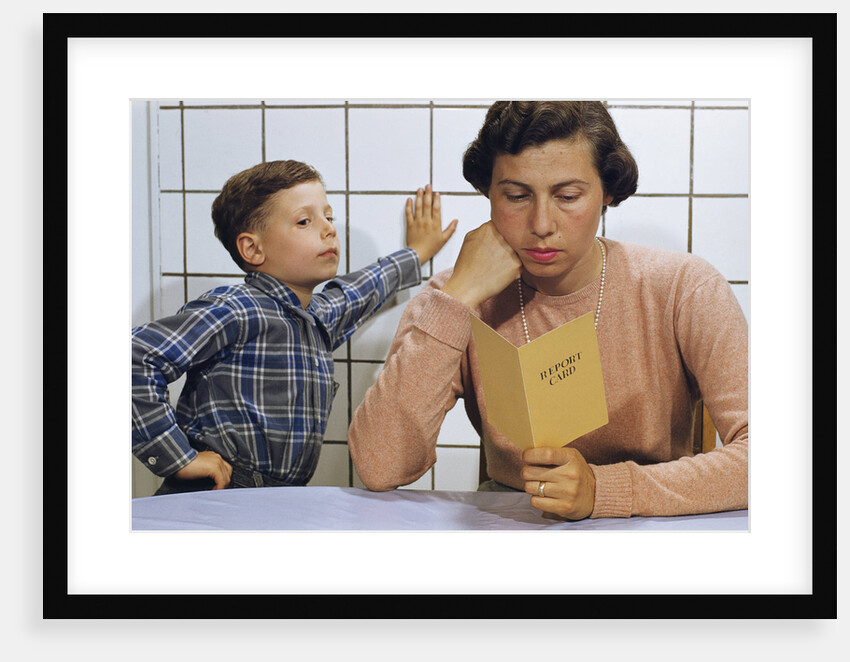 Disappointed Mother Reading Son's Report Card by Anonymous