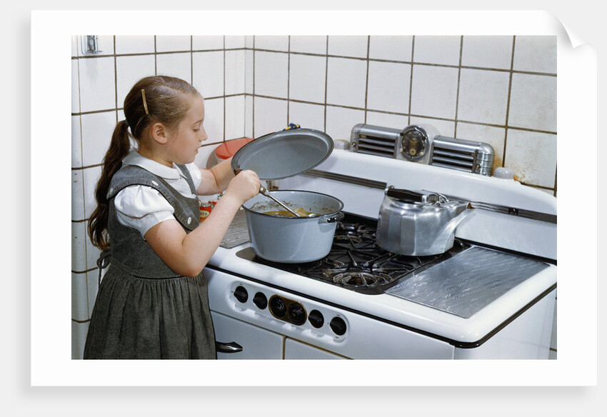 Girl Stirring Soup in Kitchen by Anonymous