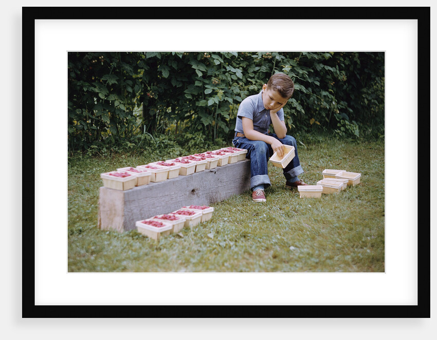 Bored Child Sitting with Raspberry Cartons by Anonymous