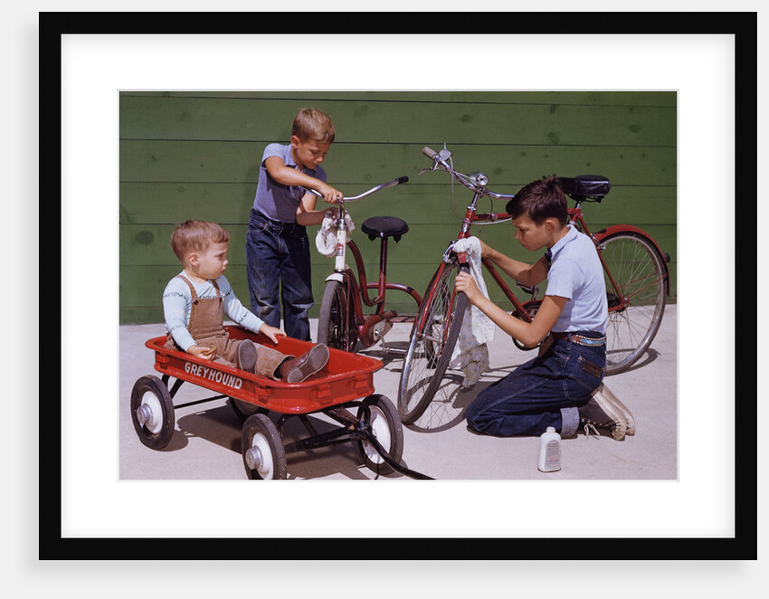 Boys Cleaning Their Bikes by Anonymous