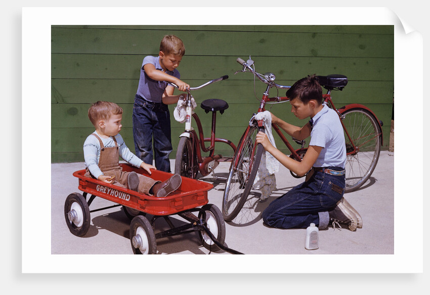 Boys Cleaning Their Bikes by Anonymous