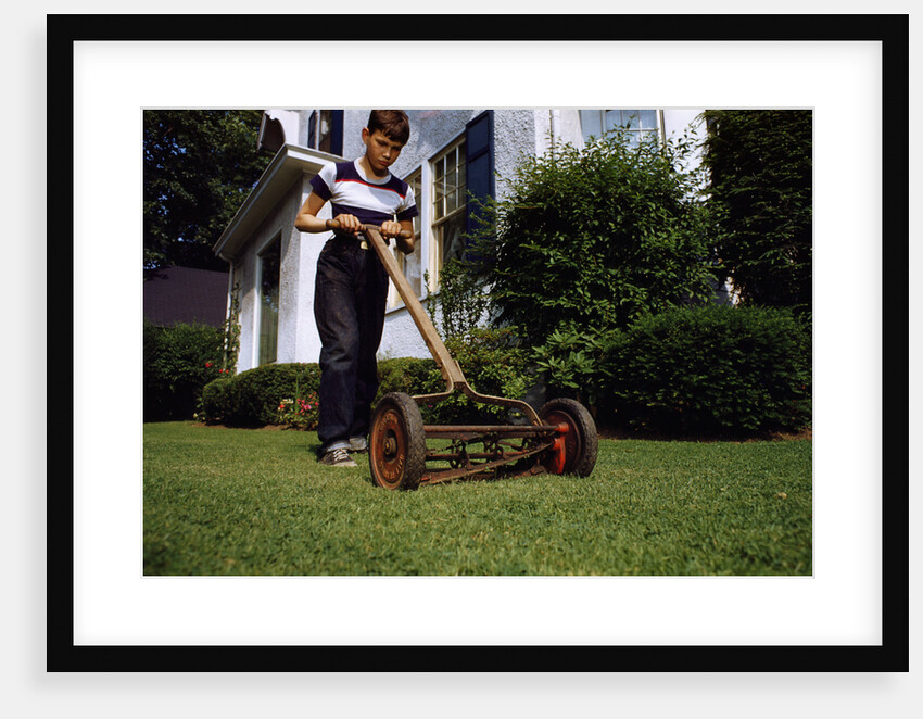 Boy Mowing Lawn by Anonymous