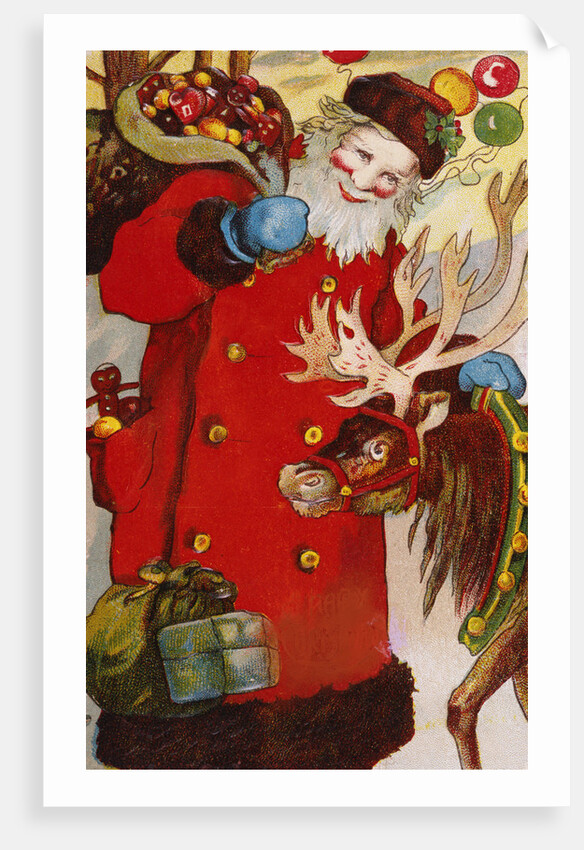 Postcard Depicting Santa Claus and a Reindeer by Anonymous
