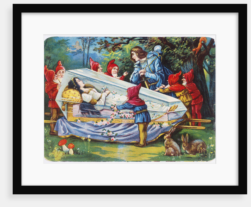 Illustration Depicting the Prince and the Seven Dwarfs with Snow White in Her Glass Coffin by Anonymous