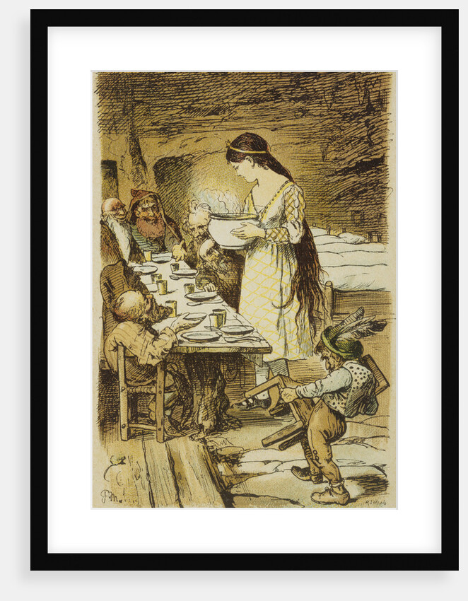 Book Illustration of Snow White Serving the Seven Dwarfs by Paul Menerheim
