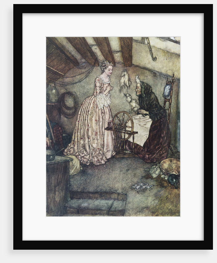 Illustration Depicting Sleeping Beauty Watching an Old Woman Spin by Edmund Dulac