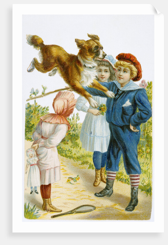 Illustration Depicting Children with a Leaping Dog by Anonymous