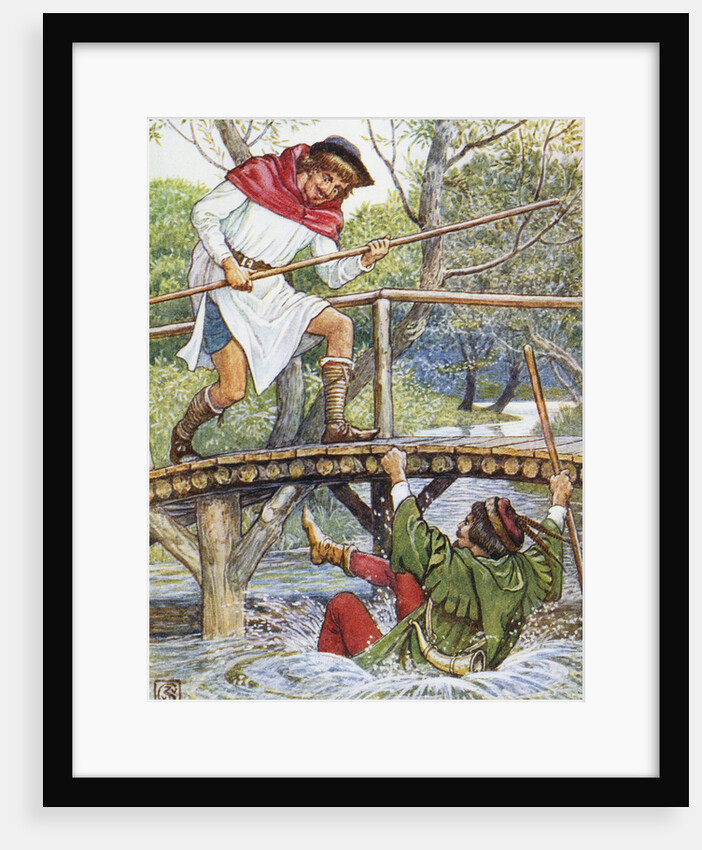 Book Illustration of Little John Knocking Robin Hood Off the Bridge by Walter Crane