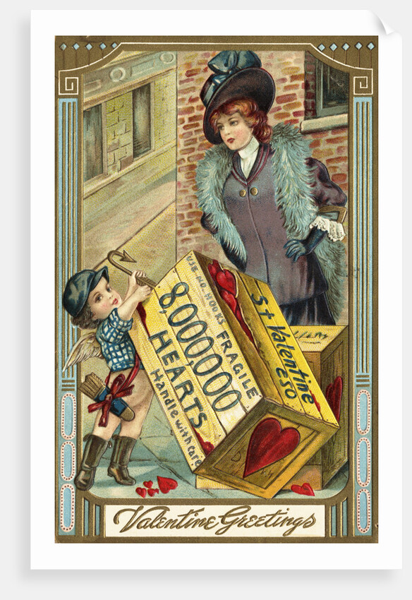 Valentine Greetings Postcard with Cupid's Crate of Hearts by Anonymous