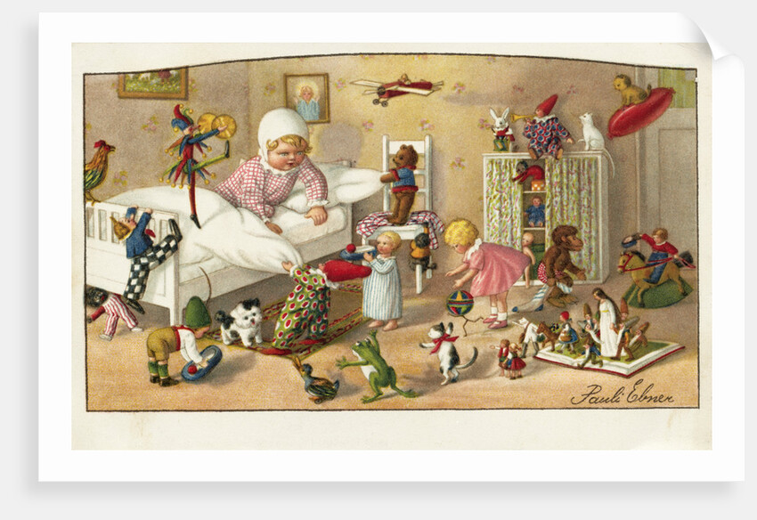 Postcard of Toys Waking a Little Girl by Pauli Ebner