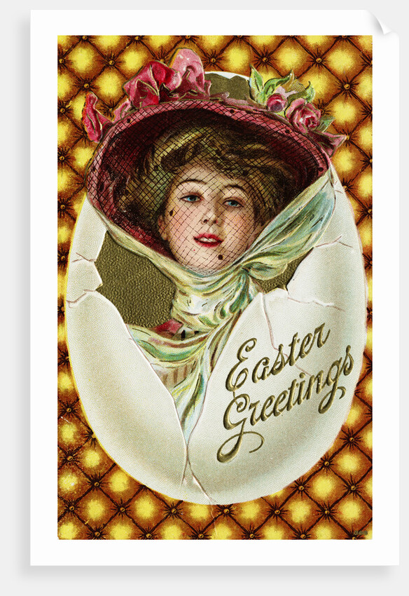 Easter Greetings Postcard of a Woman with a Pink Hat by Anonymous
