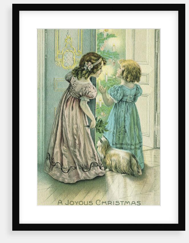 A Joyous Christmas Postcard with Little Girls Looking at the Christmas Tree by Anonymous