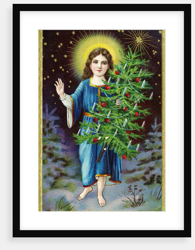 A Merry Christmas to You Postcard with an Angel Holding a Christmas Tree by Anonymous