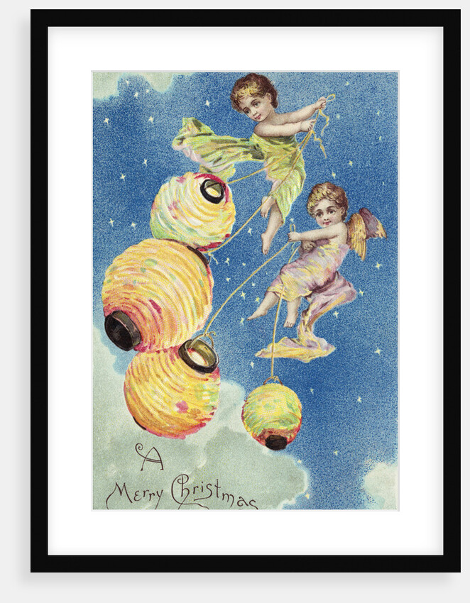 A Merry Christmas Postcard with Angels and Paper Lanterns by Anonymous