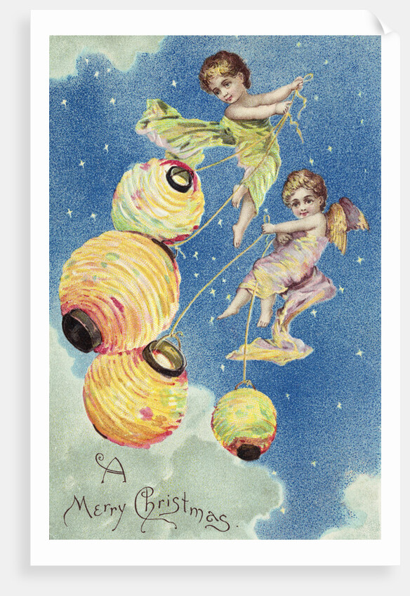 A Merry Christmas Postcard with Angels and Paper Lanterns by Anonymous