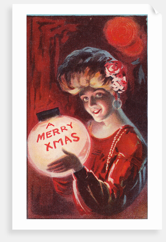 A Merry X Mas Postcard with a Woman Holding a Snowglobe by Anonymous