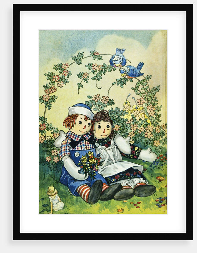 Illustration of Raggedy Ann and Raggedy Andy with Two Robins by Johnny Gruelle