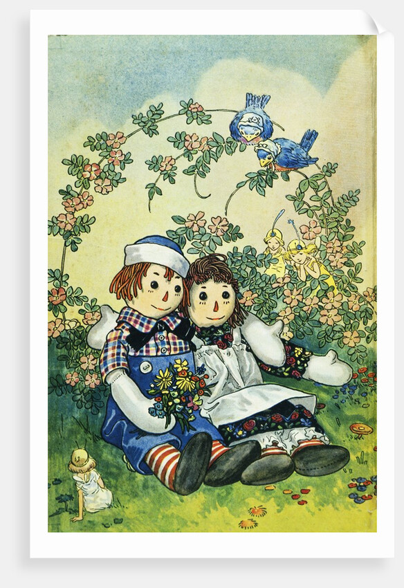 Illustration of Raggedy Ann and Raggedy Andy with Two Robins by Johnny Gruelle
