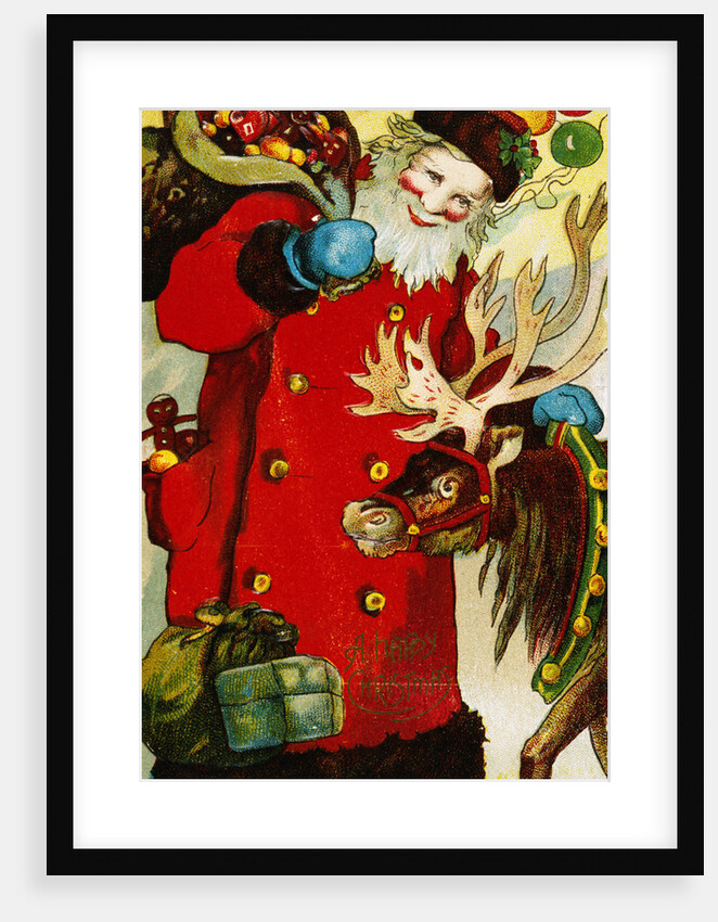 A Happy Christmas Postcard with Saint Nicholas and a Reindeer by Anonymous