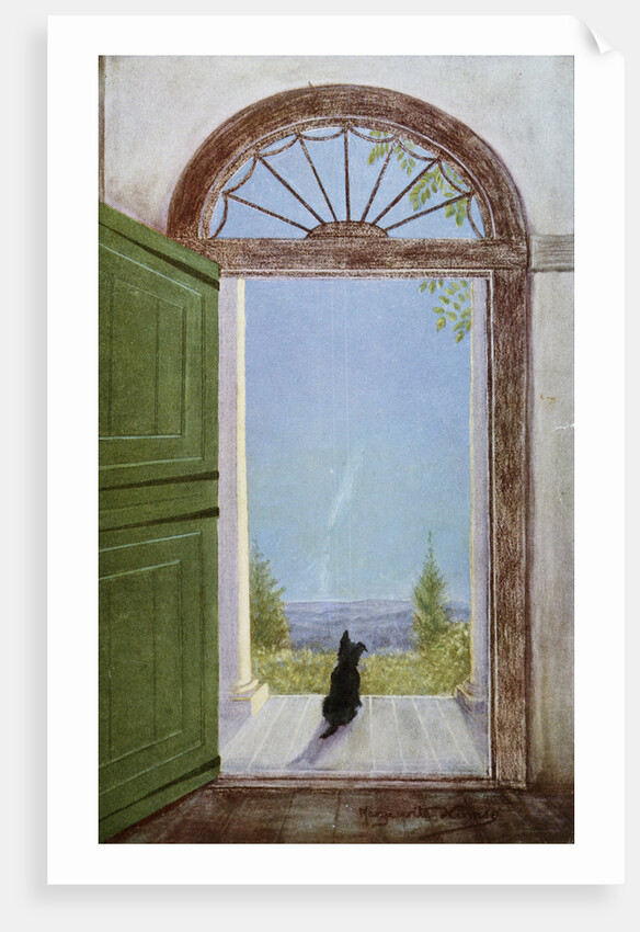 Illustration of a Dog Sitting on the Front Porch by Marguerite Kirmse