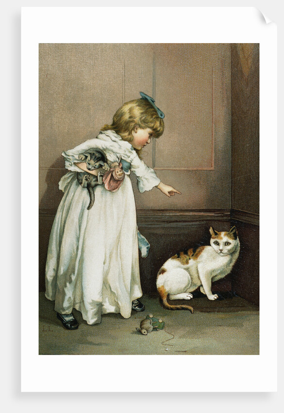 Illustration of a Little Girl Scolding a Cat by Anonymous